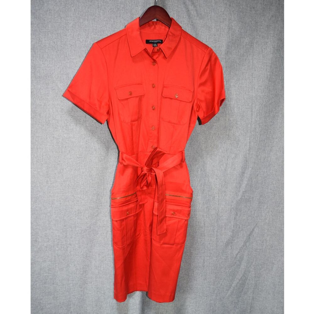 Sharagano Red Orange Utility Belted Shirt Dress Size 10
